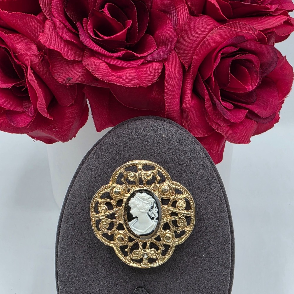 Gold Tone Filigree Cameo Brooch Portrait Profile Woman Vintage Inspired Pin Used